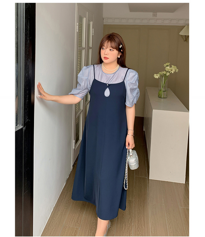 大きいサイズ レディース プリーツパフスリーブブラウス+サスペンダーワンピース LL 3L 4L 5L