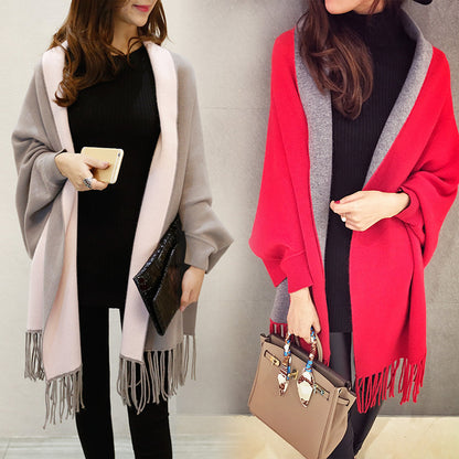 大きいサイズ レディース 袖付き着るニットフリンジストール F フリーサイズ