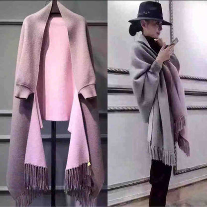 大きいサイズ レディース 袖付き着るニットフリンジストール F フリーサイズ