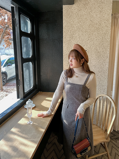 大きいサイズ レディース ハイネックインナーシャツ+サスペンダーワンピース2点セット LL 3L 4L 5L 6L