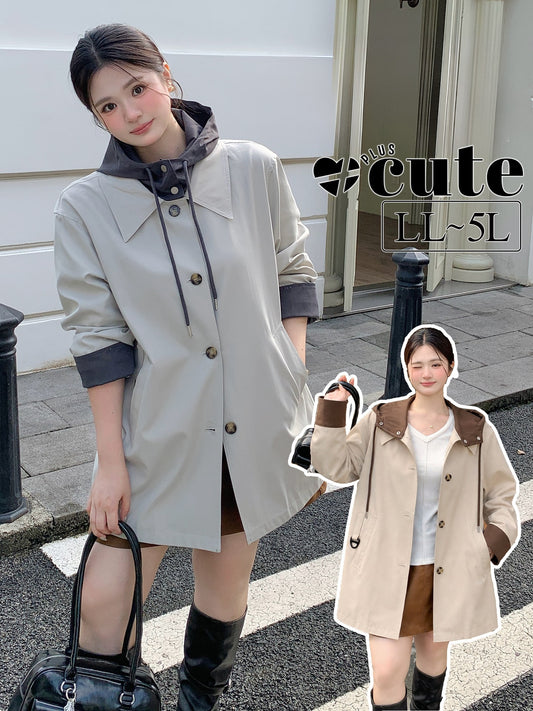 大きいサイズ レディース 配色フード付きステンカラーコート LL 3L 4L 5L 1
