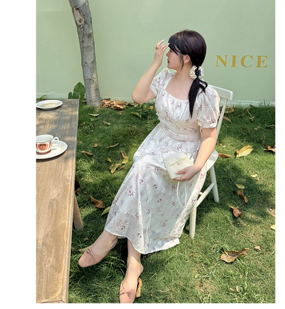 大きいサイズ レディース スクエアネック花柄プリントプリーツワンピース LL 3L 4L 5L