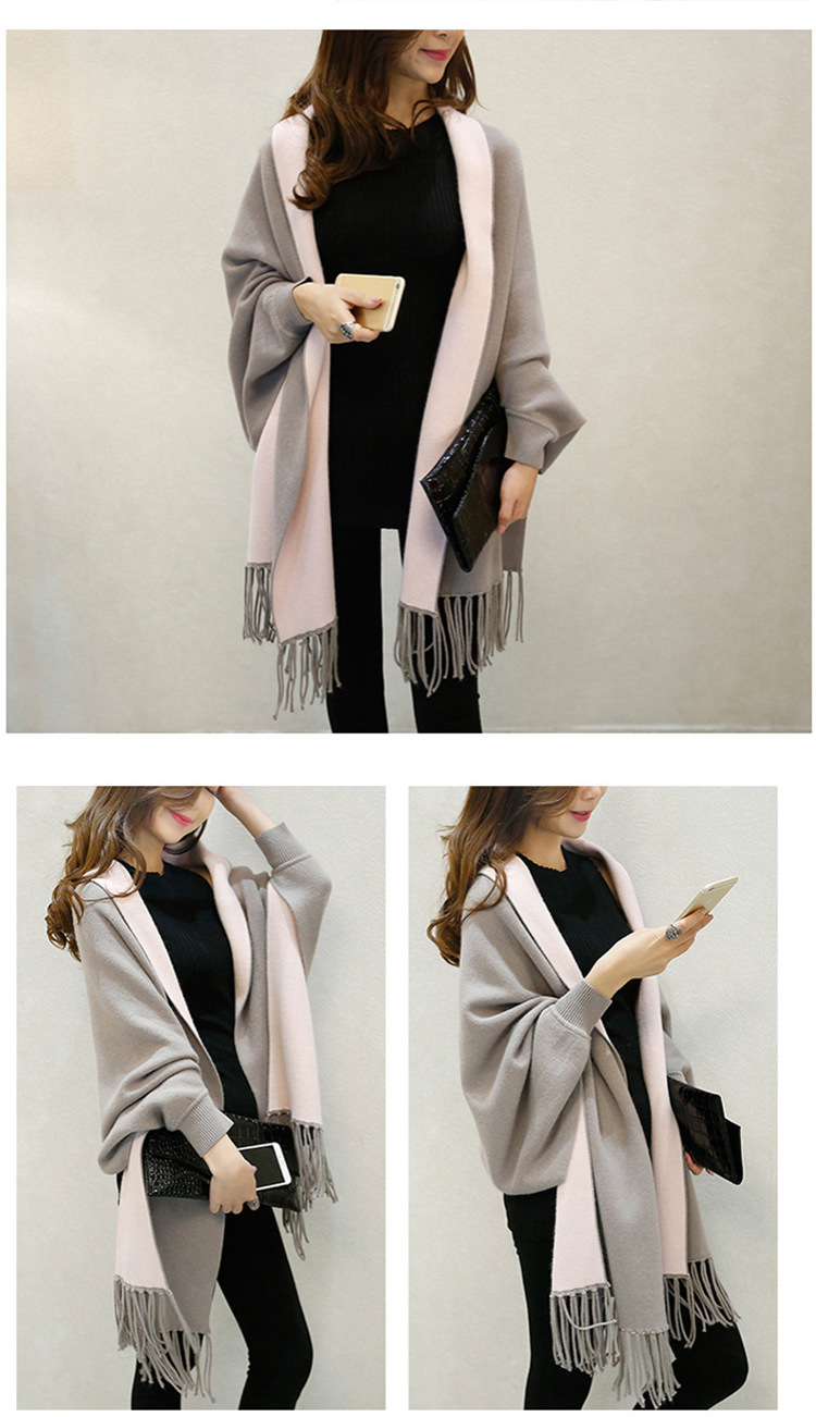 大きいサイズ レディース 袖付き着るニットフリンジストール F フリーサイズ