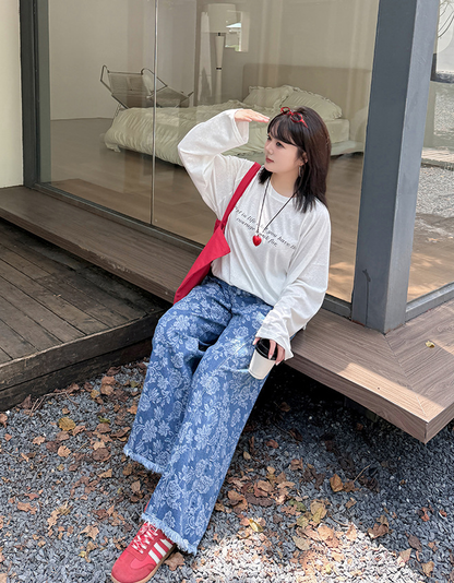大きいサイズ レディース ヴィンテージ風ジャカードデニムワイドレッグパンツ LL 3L 4L 5L
