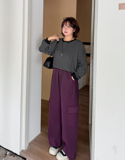 大きいサイズ レディース ニットフリース裏地ワイドレッグカーゴパンツ LL 3L 4L 5L