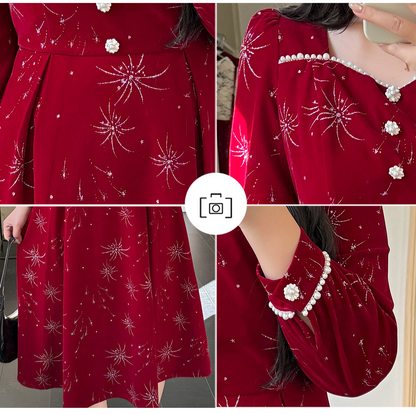 大きいサイズ レディース ビーズ花火柄ベルベットフレンチワンピース LL 3L 4L 5L