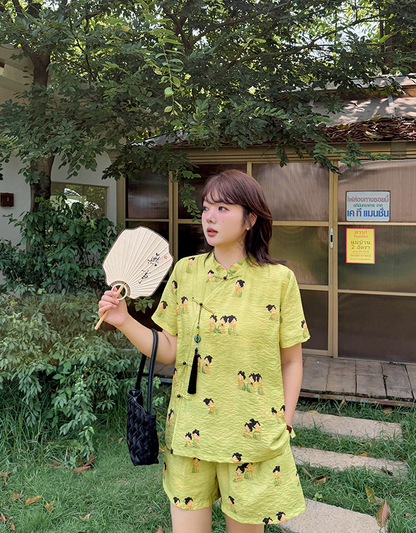 大きいサイズ レディース タッセルリボンチャイナ風プリントセットアップ（トップス＆ショートパンツ） LL 3L 4L 5L