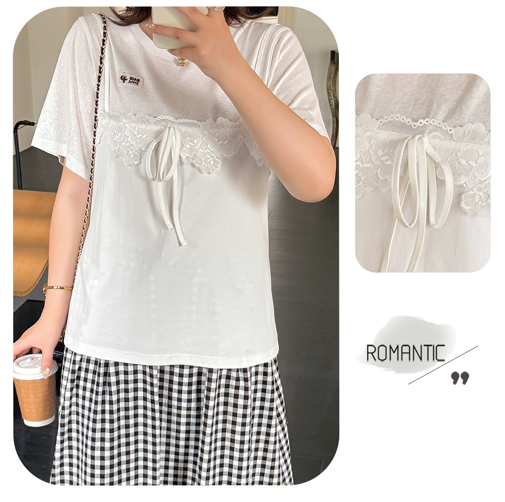 大きいサイズ レディース フェイクレイヤードレースリボンTシャツ LL 3L 4L 5L