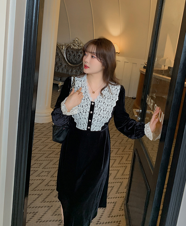 大きいサイズ レディース Vネックレースベルベットエレガントワンピース  LL 3L 4L 5L 6L