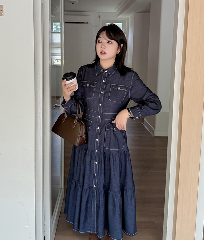 大きいサイズ レディース フリル厚手デニムシャツロングワンピース LL 3L 4L 5L