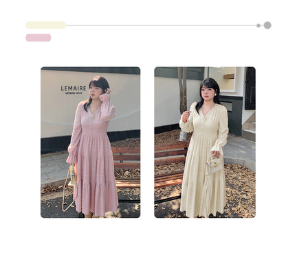 大きいサイズ レディース ビーズジュエリー付きVネックレース裏起毛フレンチワンピース LL 3L 4L 5L