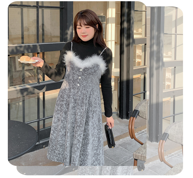 大きいサイズ レディース  ファーベルベットスリップワンピースヴィンテージプリント LL 3L 4L 5L