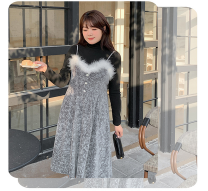 大きいサイズ レディース  ファーベルベットスリップワンピースヴィンテージプリント LL 3L 4L 5L