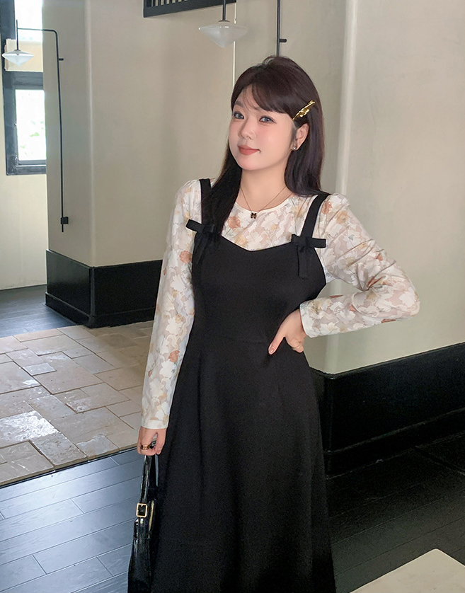 大きいサイズ レディース 花柄レースボトムシャツ+サスペンダースカート2点セット LL 3L 4L 5L