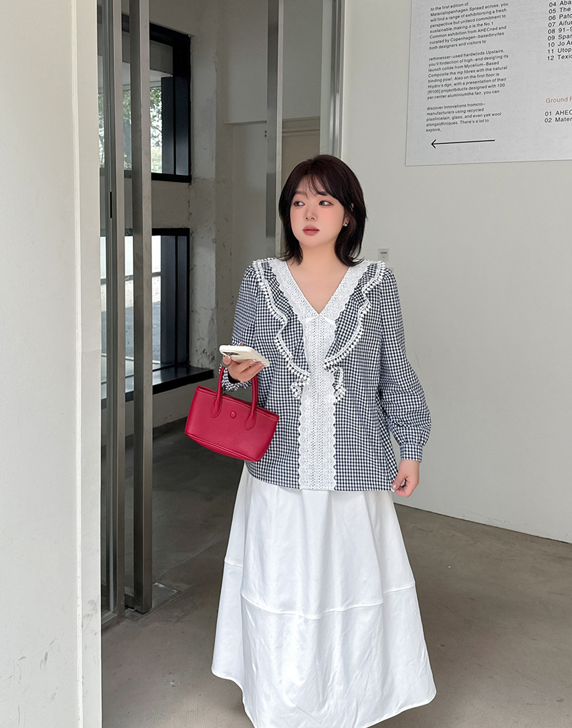 大きいサイズ レディース フレンチレトロギンガムチェックレースブラウス LL 3L 4L 5L