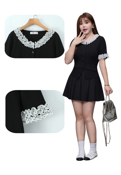 大きいサイズ レディース ドット柄レーストリム半袖トップス LL 3L 4L 5L