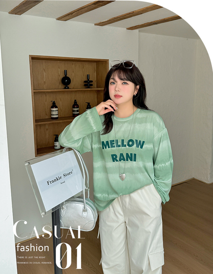 大きいサイズ レディース ワイドストライプグラデーションプリントニットロングTシャツ LL 3L 4L 5L