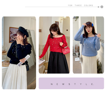 大きいサイズ レディース ビーズフリルオフショルダーニットセーター LL 3L 4L 5L