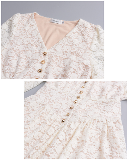 大きいサイズ レディース Vネックビーズボタン花柄レースワンピース LL 3L 4L 5L