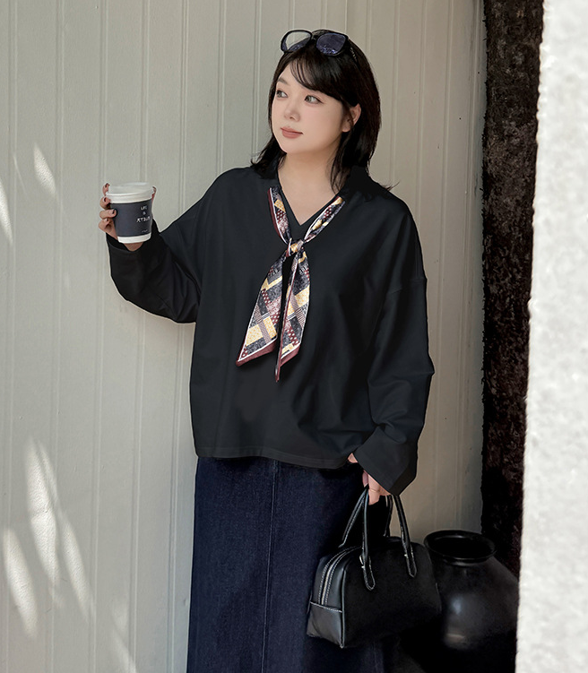 大きいサイズ レディース スカーフリボン付きVネックニットスウェットシャツ LL 3L 4L 5L