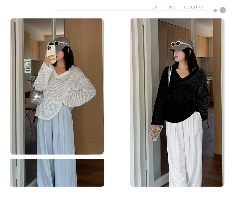 大きいサイズ レディース Vネックレース編みメッシュニットシャツ LL 3L 4L