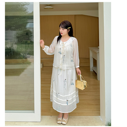 大きいサイズ レディース リボン花柄刺繍スリーピース（アウターウェア+キャミソール+スカート） LL 3L 4L 5L