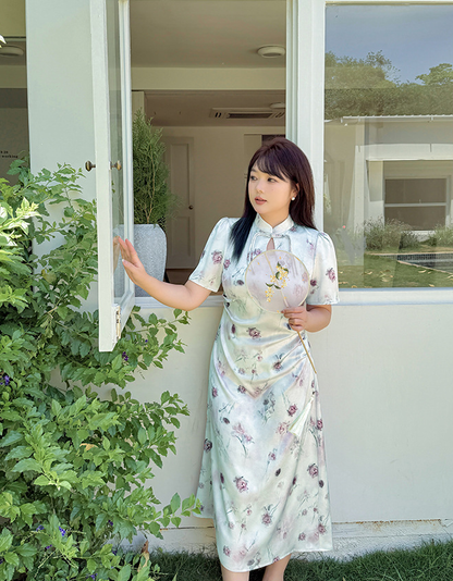 大きいサイズ レディース チャイナ風レトロ花柄プリントワンピース LL 3L 4L 5L