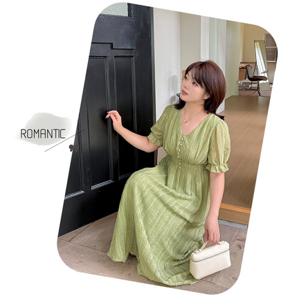 大きいサイズ レディース Vネックフリルシフォンプリーツワンピース LL 3L 4L 5L