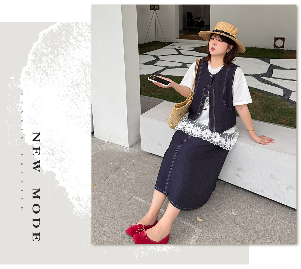 大きいサイズ レディース セットアップ（フェイクデニムステッチベスト＋スカート） LL 3L 4L 5L