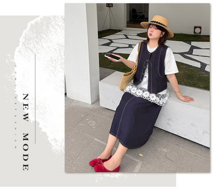 大きいサイズ レディース セットアップ（フェイクデニムステッチベスト＋スカート） LL 3L 4L 5L