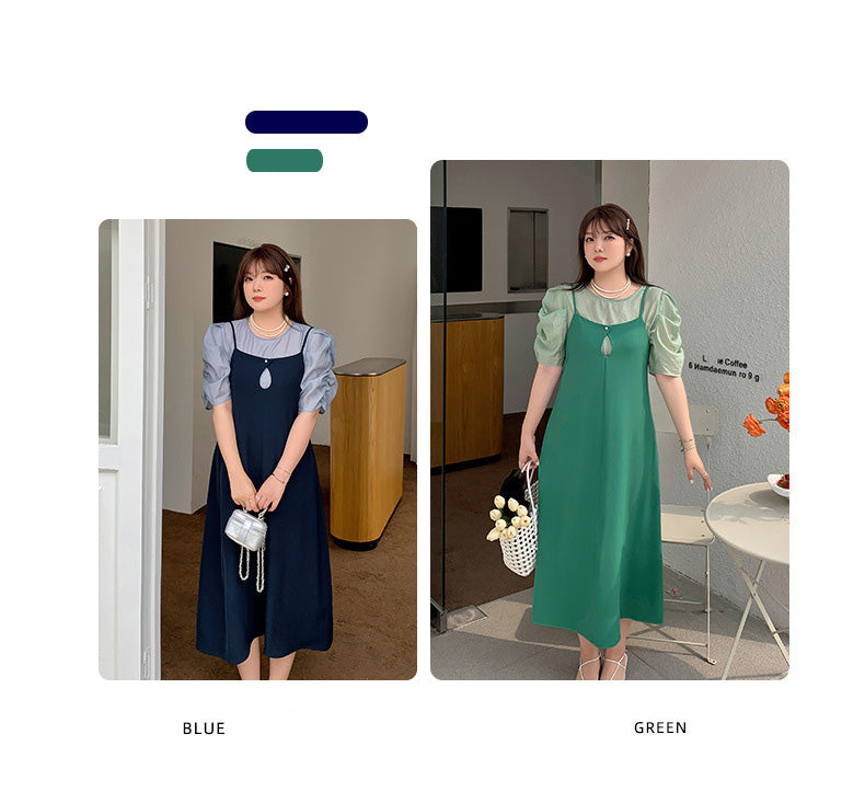 大きいサイズ レディース プリーツパフスリーブブラウス+サスペンダーワンピース LL 3L 4L 5L