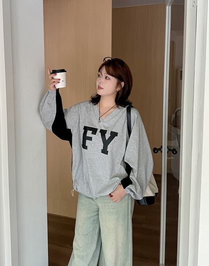 大きいサイズ レディース Vネックコントラストカラー長袖スウェットシャツ LL 3L 4L 5L
