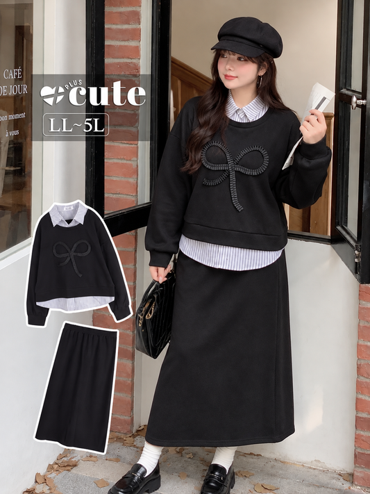 大きいサイズ レディース リボン付きフェイクカラーシャツ ツーピース LL 3L 4L 5L