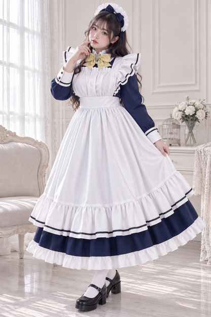 大きいサイズ レディース フリルエプロン付きロングメイド服コスチューム LL 3L 4L 5L 6L
