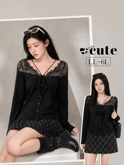 大きいサイズ レディース レース切替Vネックリボントップス LL 3L 4L 5L 6L 1