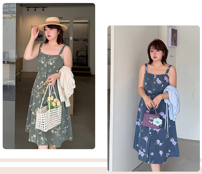 大きいサイズ レディース レトロ花柄デニムキャミソールワンピース LL 3L 4L 5L