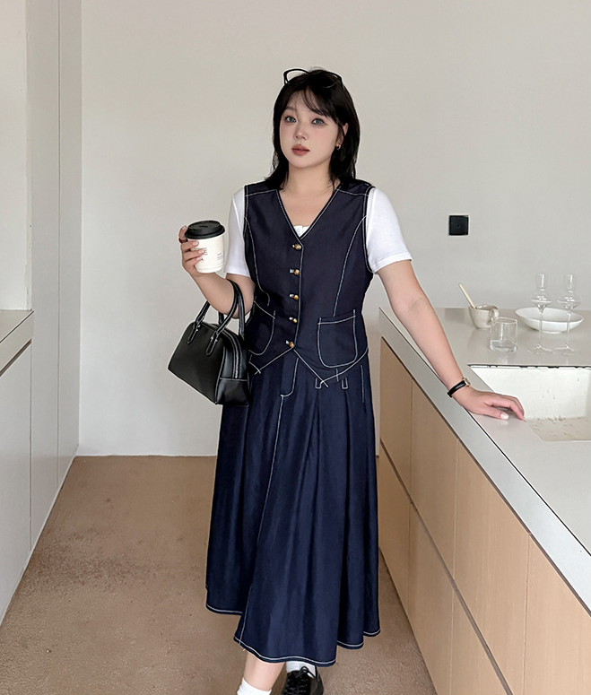 大きいサイズ レディース ネイビーブルーデニムツーピース（ベスト＋スカート） LL 3L 4L 5L