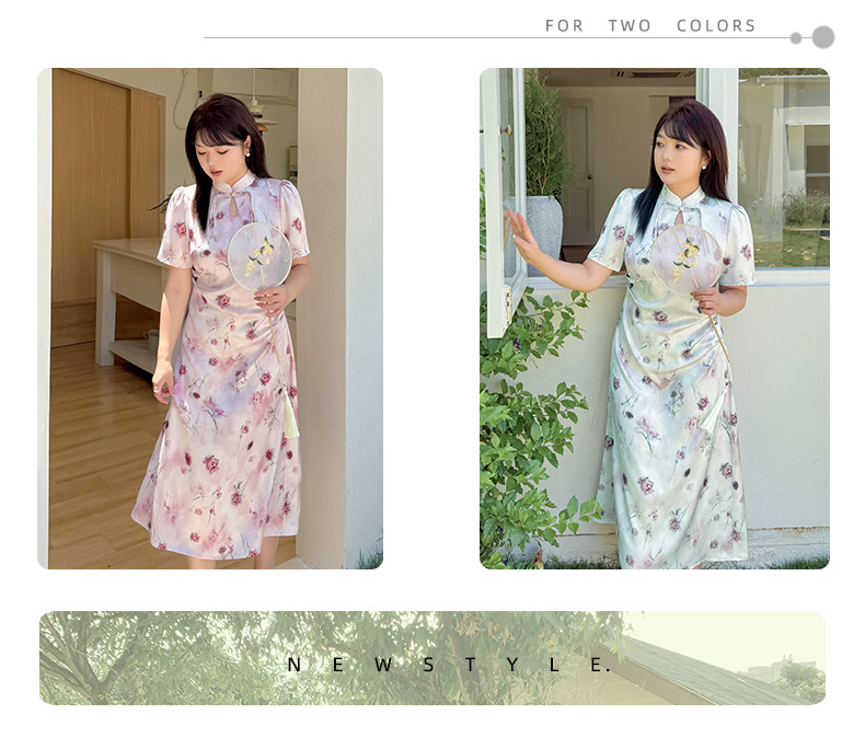 大きいサイズ レディース チャイナ風レトロ花柄プリントワンピース LL 3L 4L 5L
