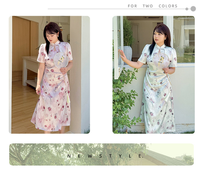 大きいサイズ レディース チャイナ風レトロ花柄プリントワンピース LL 3L 4L 5L