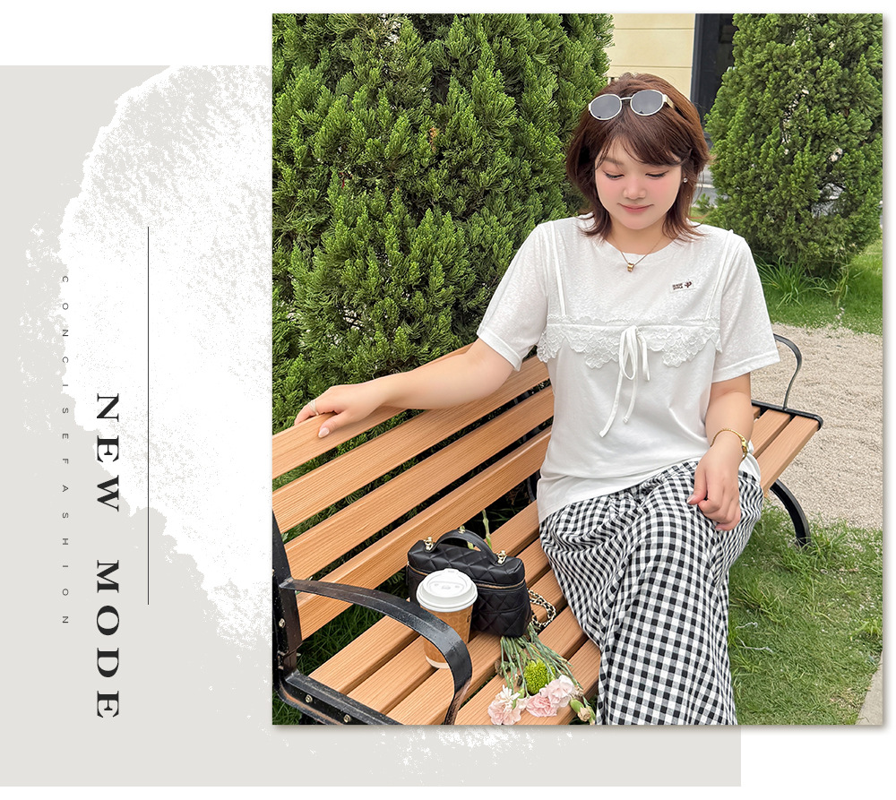 大きいサイズ レディース フェイクレイヤードレースリボンTシャツ LL 3L 4L 5L