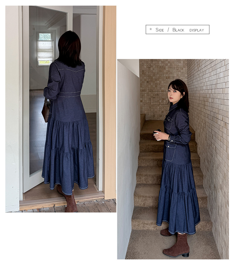 大きいサイズ レディース フリル厚手デニムシャツロングワンピース LL 3L 4L 5L