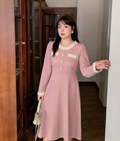 大きいサイズ レディース ラウンドネックレースニットワンピース LL 3L 4L 5L