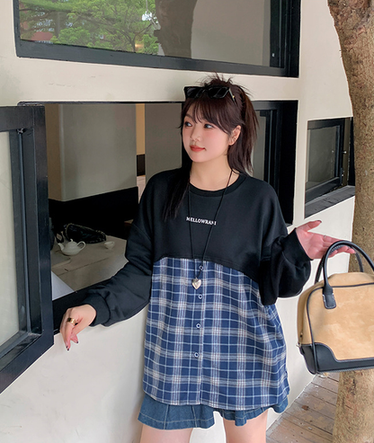 大きいサイズ レディース フェイクツーピースチェック柄スウェットシャツ LL 3L 4L 5L