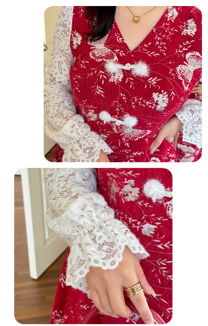 大きいサイズ レディース フェイクツーピースバタフライ刺繍レースワンピース LL 3L 4L 5L