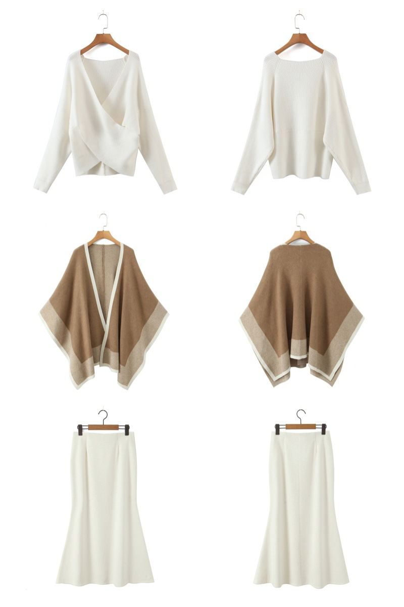 大きいサイズ レディース クロスオーバーVネックエレガントスリーピース（セーター+スカート+ショール） L LL 3L 4L F フリーサイズ