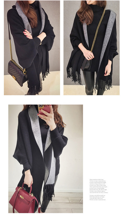大きいサイズ レディース 袖付き着るニットフリンジストール F フリーサイズ