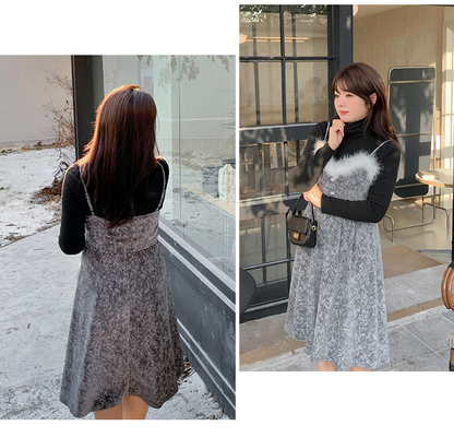 大きいサイズ レディース  ファーベルベットスリップワンピースヴィンテージプリント LL 3L 4L 5L