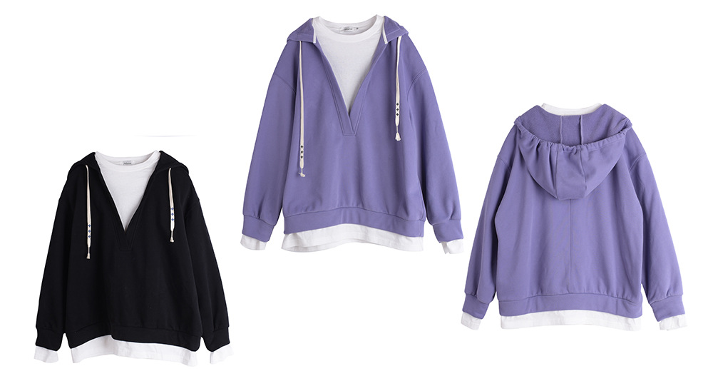 大きいサイズ レディース フード付き厚手フェイクツーピースカジュアルスウェットシャツ LL 3L 4L 5L