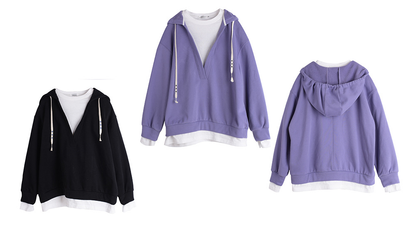 大きいサイズ レディース フード付き厚手フェイクツーピースカジュアルスウェットシャツ LL 3L 4L 5L