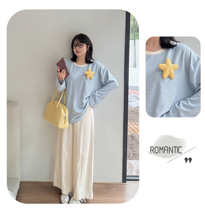 大きいサイズ レディース 星飾り付きラウンドネックニット長袖ストライプTシャツ LL 3L 4L 5L